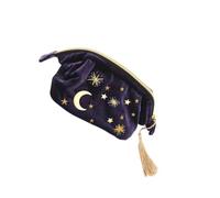Embroidered Cosmetic Bag Large Velvet Travel Pouch for Women | Portable Lightweight Zip Closure, Navy Moon and Star Design, School Trips and Daily Essentials
