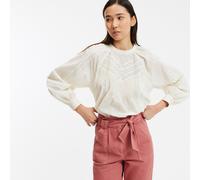 Embroidered Cotton Voile Blouse with Crew Neck Ivory