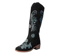 Embroidered Cowgirl Boots For Women, Retro Knee High Boots For Women, Handmade Cowboy Boots Made Of Leather, Large Size Long Boots Soft Upper Leather | Great Fit | Slip On Shoe, black, 4 UK