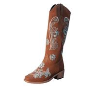 Embroidered Cowgirl Boots For Women, Retro Knee High Boots For Women, Handmade Cowboy Boots Made Of Leather, Large Size Long Boots Soft Upper Leather | Great Fit | Slip On Shoe, brown, 4 UK