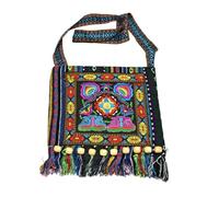 Embroidered Crossbody Bag 28.5x25x2cm Blue Cotton Linen Shoulder Bag | Striped Fabric, Blue Pattern, Zippered Closure, Tassel Detail, for Cosmetics, Phones, Sightseeing or Office