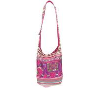 Embroidered Diamond Pattern Canvas Sling Bag - Pink - 100% Cotton, Main Zip, Internal & External Pockets, Lightweigth Everyday Crossbody Shoulder 95 cm Strap Length for Festival School College