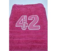 Embroidered Don't Panic hot pink hand Towel with off white embroidery, Towel Day Towel, 25th May, Luxury Towels, Hitchhikers Towel