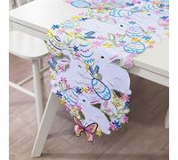Embroidered Easter Table Runner ,Bunny Butterflies Flowers Colorful Eggs Tablecloths for Easter Holiday Spring Season Home Party Decor Coffee Dining Table Centerpiece