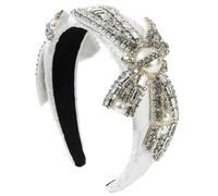 Embroidered Fabric Sponge Headband Baroque Bow Full Of Diamonds And Pearls Super Flash Temperament Temperament Hair Accessory, White