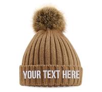 Embroidered Faux Fur Pom Pom Beanie Custom Text Chunky Bobble Hat Personalised Writing Winter Autumn, One Size, Biscuit