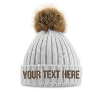 Embroidered Faux Fur Pom Pom Beanie Custom Text Chunky Bobble Hat Personalised Writing Winter Autumn, One Size, Light Grey