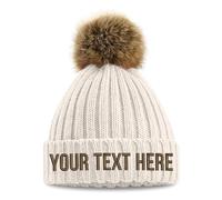 Embroidered Faux Fur Pom Pom Beanie Custom Text Chunky Bobble Hat Personalised Writing Winter Autumn, One Size, Oatmeal