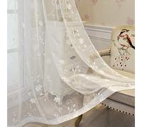 Embroidered Floral Semi Sheer Curtains Voile Window Linen Look Semi Transparent Eyelet for Bedroom Living 2 panels,White,W200xL270cm