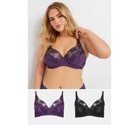 Yours 2 Pack Curve Embroidered Floral Underwired Bra - Women's - Plus Size Curve Purple