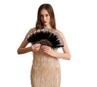 Embroidered Flower Marabou Feather Fan, 1920s Vintage Style Flapper Hand Fan for Costume Party Dancing