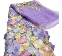 Embroidered Flowers Lace Fabric, 3D Floral Chiffon Leaves Vintage Lace Fabric Embroidery Applique Ribbons for Party Clothing DIY Sewing Embellishments Crafts, Purple(130 * 91cm)