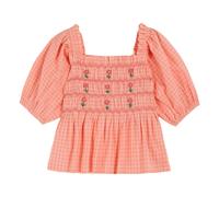 Embroidered Gingham Smocked Blouse Peach