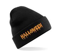 Embroidered Halloween Original Cuffed Beanie, Pumpkin Trick Or Treat Happy Halloween Unisex Hat (Black)