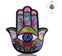 Embroidered Hand of Evil Eye Sequin Iron on Patch, 7.9x9.4 Inch Applique for Jeans Jacket Bag, Iron on or Sew On, Decorative Clothing Patches for Adults