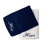Embroidered His & Hers Navy and White Bath Towels Pair