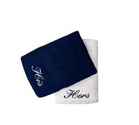 Embroidered His & Hers Navy and White Hand Towels Pair