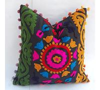 Embroidered Indian Designer Pillow Cases with Suzani Touch Home Textile Cotton Pillow Cases Sofa Cushions Cover Pom Poms (2)