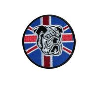 Embroidered Iron-On Patch, British Bulldog with Union Jack Flag Design, Round Shape, 9cm x 9cm