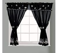 Embroidered Kitchen Window Curtain Set Rod Pocket with Attached Valance & Free Tiebacks (Black, W 48 x L 54 inches)