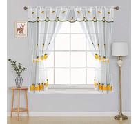 Embroidered Kitchen Window Curtain Set Rod Pocket with Attached Valance & Free Tiebacks Kngstn Yellow White W 48 x L 54 inches