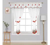 Embroidered Kitchen Window Curtain Set Rod Pocket with Attached Valance & Free Tiebacks Wndsr Red White W 48 x L 36 inches