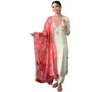 Embroidered Kurti Set for Women with Pant Dupatta, Ideal Indian Outfit for Festivals Weddings, Cream, Large