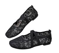 Embroidered Lace Mesh Ballet Flats Women, Lightweight Breathable Summer Slip On Lace Ballerina Flat Floral Embroidery Square Toe Mary Jane Shoes (Black,6.5)