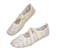 Embroidered Lace Mesh Ballet Flats Women, Lightweight Breathable Summer Slip On Lace Ballerina Flat Floral Embroidery Square Toe Mary Jane Shoes (Beige,6.5)
