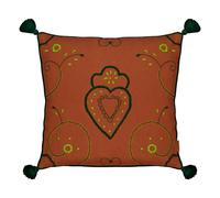 Embroidered linen cushion with Viana pompons Brick red one size