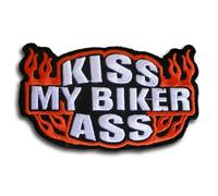 Embroidered Motorcycle Biker Patch, Kiss My Biker Ass Design with Flames, Black and Orange, Iron-On or Sew-On, 3.75 x 2.25 Inch