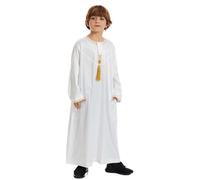 Embroidered Muslim Robe for Boys, Long Sleeve Cotton Thobe, Middle Eastern Abaya Kaftan Ideal for Prayer, Hajj, Umrah and Daily Wear, Breathable Loungewear Gown White