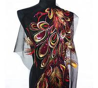 Embroidered Patch, Sequin Embroidered Phoenix Peacock Feather Black Mesh Wedding Gown Applique Lace Trim Sewing Patch Dress DIY(Red)