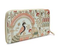 Embroidered Peacock Floral Zip Around Wallet Clutch, Beige with Pink and Red Details, 22x13.5cm, Sky Blue, M