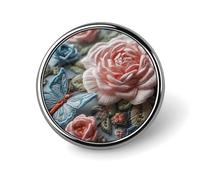 Embroidered Pink Roses Badge Holder Personalized Metal Button Pin Fashion Round Badge with Pattern Pin DIY Button Badges Exquisite Brooch Crafts Gift Clothes Decorative Pins