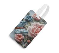 Embroidered Pink Roses Luggage Tag Classic Personalized Repeated Luggage Tag Cute Unique Travel Essentials Identifiers for Women Men Baggage Backpack Handbag Suitcase, White-style, One Size