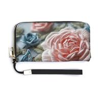 Embroidered Pink Roses RFID Blocking Wallet for Women,Clutch With Change Pocket, Wristlet Wrist Strap with Card Slots