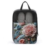 Embroidered Pink Roses Shoe Bags Foldable Breathable Portable Shoe Puches Organizer Stylish Expandable Packing Travel Shoes Bags for Sneakers Gym Luggage Closet