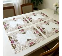 Embroidered Placemats and Coasters Set of 4, Washable Floral Rose Decorative Table Mats, Polyester Handmade Hollow Out Doily Place Mats, Coffee Mats for Kitchen Dining Restaurant Home Décor, 28x43 cm