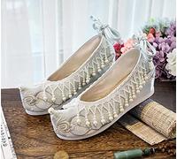 Embroidered Shoes for Women Pearls Tassel Women Cotton Fabric Embroidered Style Flat Platforms Slip On Pointed Toe Retro Unique Bridal Shoes Embroidered Heels (Color : Light Blue Size : 6) (Light Bl