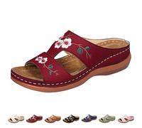 Embroidered Shoes For Women Womens Arch Support Sliders Retro Roman Sliders Orthopedic Floral Slider Backless Flower Sandals Open Toed Low Wedge Slider Slip On Walking Sandals For Ladies