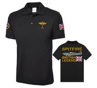Embroidered Supermarine Spitfire Polo, RAF Plane, Union Jack WWII Battle of Britain with Back Print Unisex Polo Black