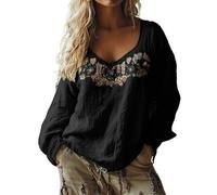 Embroidered Tops for Women Oversized Bohemian Embroidered Tops Fall Long Sleeve Vintage Loose Elegant Blouses Ladies Beach Leisure Hippie Clothes Retro Floral Pattern Tunics 5XL, Black Style#1