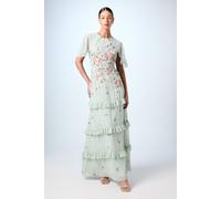 Embroidered Trailing Floral Cape Detail Tiered Bridesmaids Dress Coast Sage 10