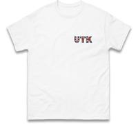 Embroidered UK Flag UTK Logo Patch T Shirt, United Kingdom Flag Badge with UTK Text Tee, Unisex Casual Workwear Top White