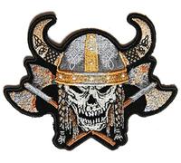 Embroidered Viking Skull with Axes and Horn Iron on Patch