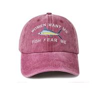 Embroidered Women Want Me Fish Fear Me Baseball Hat, Women Want Me Fish Fear Me - Burgundy, One Size