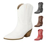 Embroidered Womens Cowboy Boots Womens Chunky Block Heel Boot Fashion V Neck Boots Mid Heeled Pointed Toe Boot Vintage Western Booties Slip On Ankle Booties Wide Mid Calf Bootie