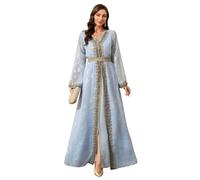 Embroidery Abayas for Women Muslim Moroccan Floral Maxi Kaftan Dress Arabic Islamic Dubai Robe Ramadan Prayer Clothes, Light Blue, S