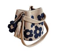 Embroidery Aesthetic Boho Bag Lightweight Needlepoint Barrel Drawstring Purse with Flower Tassel Hand-Crochet Woven Summer Beach Bag for Women Vacation (Blue)